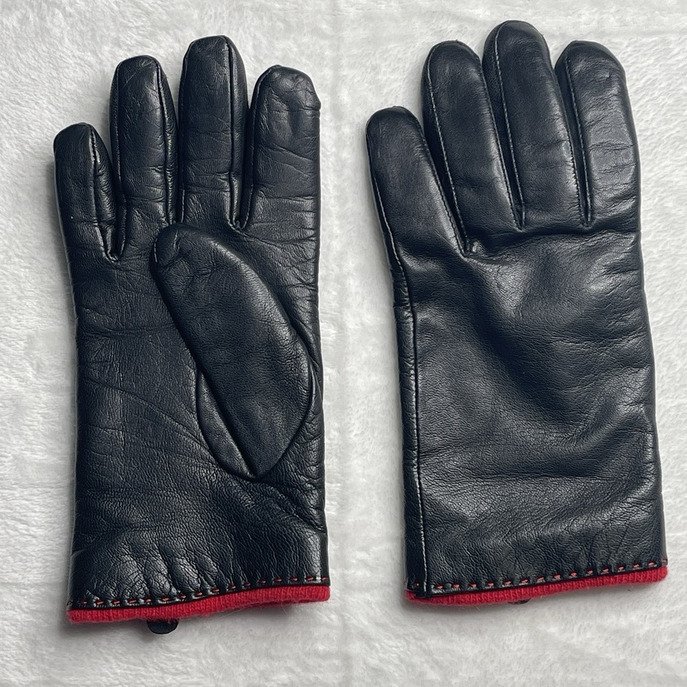 Womens Black Red Leather Lambswool Angora Blend Lined Driving Gloves‎ Sz L Soft